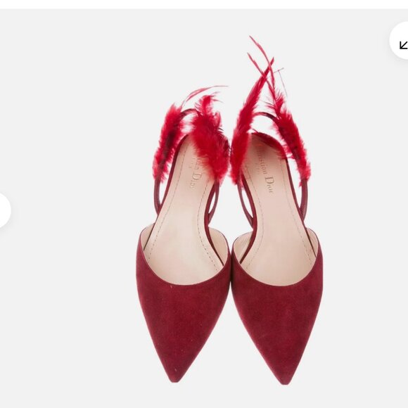 Authentic Christian Dior Ethnie Scarlet Red Suede Feather Slingback Flats Sz 39 - Picture 1 of 13